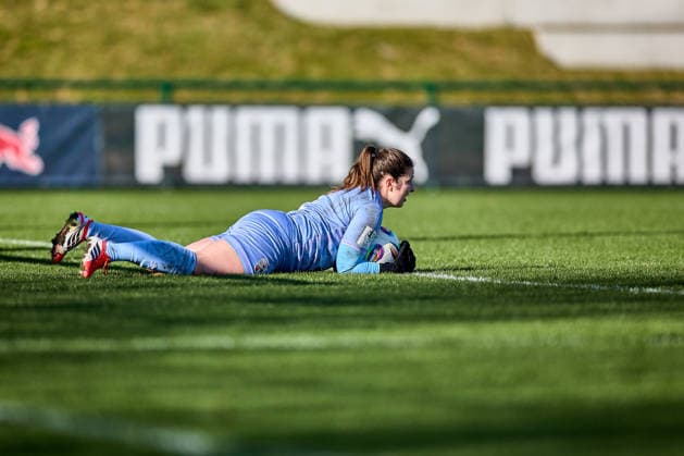 01 03 2026, GER, Womens soccer, Test match, 2025 2026, RB Leipzig FC Ingolstadt Franziska Maier 1, FC Ingolstadt , lies in front of goal, ball held Leipzig training center of the Red Bull Saxony Germany