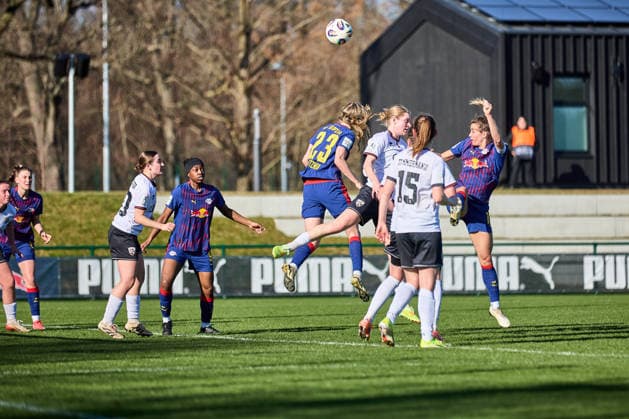 01 03 2026, GER, womens soccer, test match, 2025 2026, RB Leipzig FC Ingolstadt action, header duel, in the penalty area Leipzig training center of the Red Bull Saxony Germany