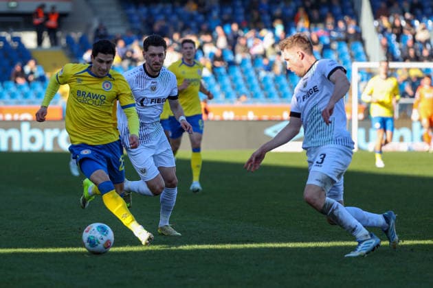 Braunschweig vs Münster, 2 BL Braunschweig, 01 03 2026, Football, Men, 2 BL, Season 2025 2026, Eintracht Braunschweig vs SC Preußen Münster Grant Leon Ranos Eintracht Braunschweig , Paul Jaeckel Münster DFL DFB REGULATIONS PROHIBIT ANY USE OF PHOTOGRAPHS as IMAGE SEQUENCES and or QUASI VIDEO Stadion an der Hamburger Straße Niedersachsen Germany