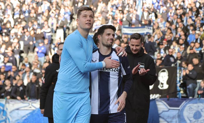 Goalkeeper Tjark Ernst, Josip Brekalo, Hertha team celebrates victory in front of the fans Cheering after the end of the match Final cheer Sport Soccer Football DFL 2 Bundesliga Men 24 Matchday Season 2025 2026 01 03 2026 Hertha BSC Berlin vs 1 FC Nürnberg FCN DFL regulations prohibit any use of photographs as image sequences and or quasi video