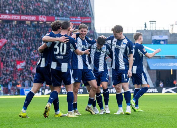 Football, Men, Season 2025 2026, 2 Bundesliga 24 Matchday , Hertha BSC 1 FC Nürnberg, f l Linus Gechter Hertha BSC , Paul Seguin Hertha BSC , Marton Dardai Hertha BSC , Josip Brekalo Hertha BSC , Sebastian Grönning Hertha BSC , Marten Winkler Hertha BSC , Celebration after goal to 2 1, 01 03 2026, Copyright: xSebastianxRäppold MatthiasxKochx