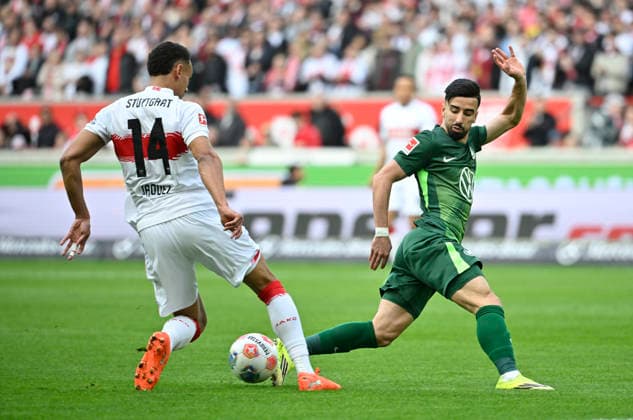 duel, action Luca Jaquez VfB Stuttgart 14 vs Mohamed Amoura VfL Wolfsburg 09 VfB Stuttgart vs VfL Wolfsburg WOB 01 03 2026 DFL REGULATES PROHIBIT ANY USE OF PHOTOGRAPHS AS IMAGE SEQUENCES AND OR QUASI VIDEO VfB Stuttgart vs VfL Wolfsburg WOB