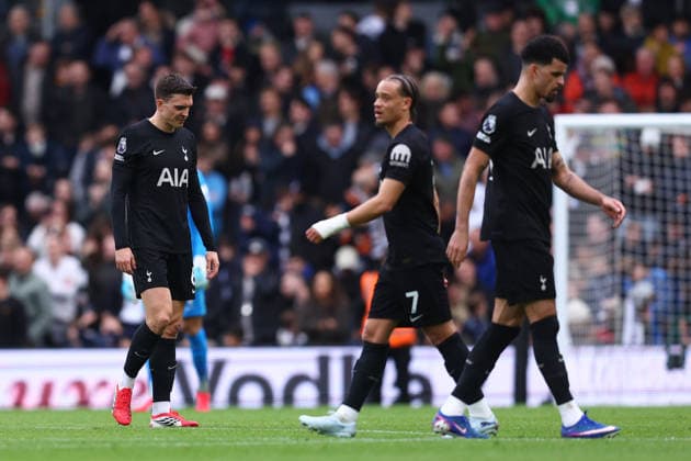London, England, 1st March 2026. Joao Palhinha (L) of Tottenham Hotspur looks dejected after Alex Iwobi of Fulham scores to make it 2-0 during the Fulham vs Tottenham Hotspur Premier League match at Craven Cottage, London. Picture credit should read: Paul Terry Sportimage EDITORIAL USE ONLY. No use with unauthorised audio, video, data, fixture lists, club league logos or live services. Online in-match use limited to 120 images, no video emulation. No use in betting, games or single club league player publications. SPI_040_PT_Fulham_Tottenham SPI-4567-0040