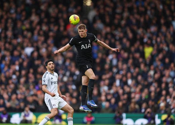 1st March 2026; Craven Cottage, Fulham, London, England; Premier League Football, Fulham versus Tottenham Hotspur; Micky van de Ven of Tottenham Hotspur heading the ball into midfield  JPxFletcher Content restricted for UK based newspaper