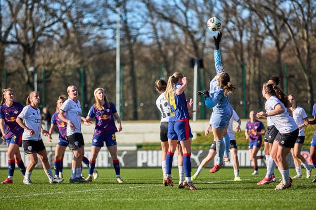 01 03 2026, GER, womens soccer, test match, 2025 2026, RB Leipzig FC Ingolstadt goal area scene, Franziska Maier 1, FC Ingolstadt defends ball Leipzig training center of the Red Bull Saxony Germany