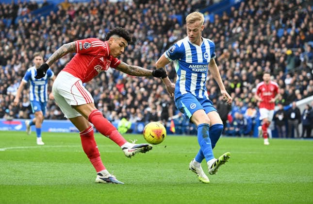 Igor Jesus of Nottingham Forest tries to chip over Jan Paul van Hecke of Brighton during the Premier League match between Brighton and Hove Albion and Nottingham Forest at the American Express Stadium, Brighton UK - Sunday 1st March 2026 Brighton v Nottingham Forest Premier League Football, Amex Stadium, Sussex, UK - 01 Mar 2026Brighton Amex Stadium Sussex United Kingdom Editorial use only. No merchandising. For Football images FA and Premier League restrictions apply inc. no internet mobile usage without FAPL license - for details contact Football Dataco  Copyright: xLizxFinlayson TPI Shutterstockx 16718466z