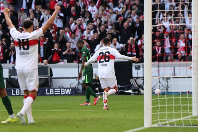 Goal celebration VfB Stuttgart at 1 0 by Deniz Undav VfB Stuttgart, 26 , Germany, Soccer, 1 Bundesliga, 24 Matchday, 2025 2026, VfB Stuttgart vs VfL Wolfsburg, 01 03 2026, Stuttgart MHP Arena Germany Copyright: xGrantxHubbsx