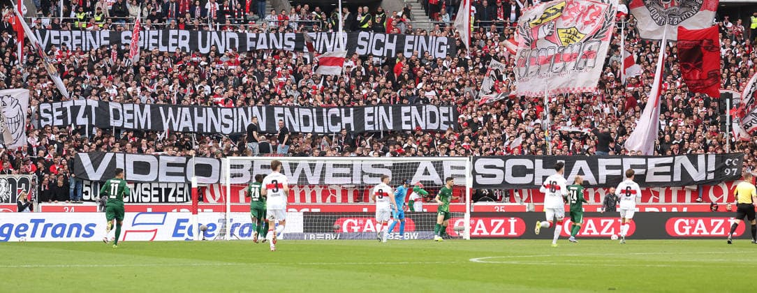 01 03 2026, Germany, Stuttgart, Football Bundesliga, Matchday 20, VfB Stuttgart vs VfL Wolfsburg, Abolish video evidence banner