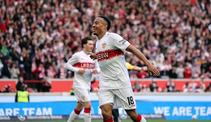 01 03 26 VfB Stuttgart VfL Wolfsburg Germany, Stuttgart, 01 03 2026, Football, Bundesliga, Season 2025 2026, VfB Stuttgart VfL Wolfsburg Jamie Leweling VfB Stuttgart Jubel Tor 2 0 Leweling
