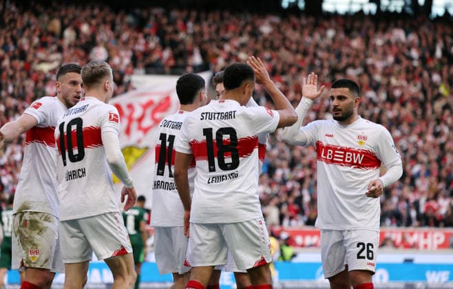 01 03 26 VfB Stuttgart VfL Wolfsburg Germany, Stuttgart, 01 03 2026, Football, Bundesliga, Season 2025 2026, VfB Stuttgart VfL Wolfsburg Jamie Leweling VfB Stuttgart Jubel Tor 2 0 Leweling
