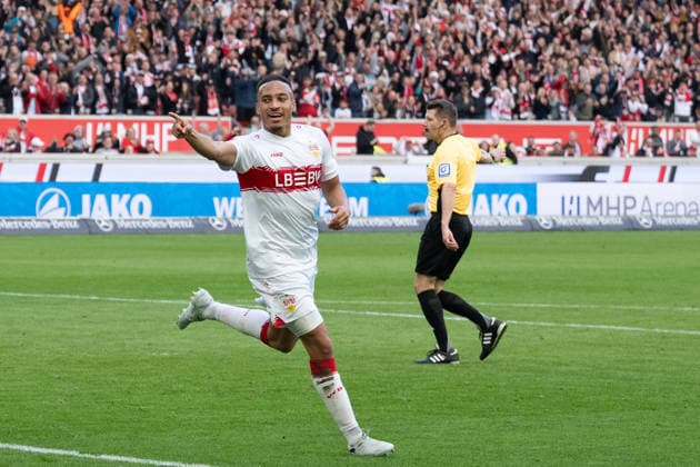 Goal to 2 0 by Jamie Leweling VfB Stuttgart 18 Cheers, Goal celebration, Celebrates his goal GER, VfB Stuttgart vs VfL Wolfsburg, Football, Men, 1 Bundesliga, 24 Matchday, 2025 2026 Season, 01 03 2026, DFL DFB REGULATES PROHIBIT ANY USE OF PHOTOGRAPHS AS IMAGE SEQUENCES AND OR QUASI VIDEO, GER, VfB Stuttgart vs VfL Wolfsburg, Football, Men, 1 Bundesliga, 24 Matchday, Season 2025 2026, 01 03 2026 Stuttgart Copyright: xEibner-Pressefoto WolfgangxFrankx EP_WFK