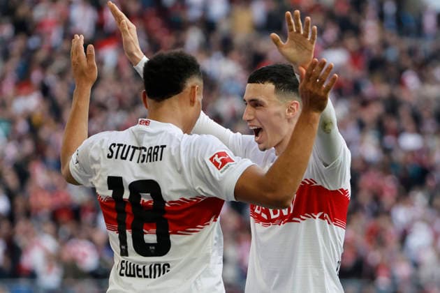 Goal celebration VfB Stuttgart at 3 0 by Jamie Leweling VfB Stuttgart, 18 , Germany, Soccer, 1 Bundesliga, 24 Matchday, 2025 2026, VfB Stuttgart vs VfL Wolfsburg, 01 03 2026, Stuttgart MHP Arena Germany Copyright: xGrantxHubbsx