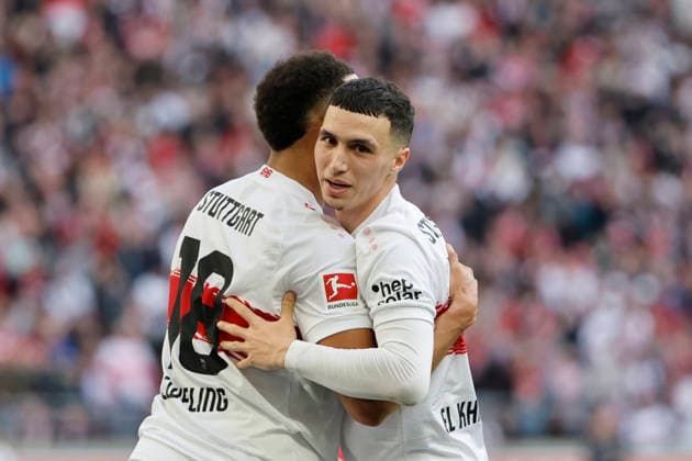 Goal celebration VfB Stuttgart at 3 0 by Jamie Leweling VfB Stuttgart, 18 , Germany, Soccer, 1 Bundesliga, 24 Matchday, 2025 2026, VfB Stuttgart vs VfL Wolfsburg, 01 03 2026, Stuttgart MHP Arena Germany Copyright: xGrantxHubbsx