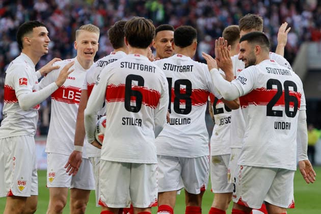Goal celebration VfB Stuttgart at 3 0 by Jamie Leweling VfB Stuttgart, 18 , Germany, Soccer, 1 Bundesliga, 24 Matchday, 2025 2026, VfB Stuttgart vs VfL Wolfsburg, 01 03 2026, Stuttgart MHP Arena Germany Copyright: xGrantxHubbsx