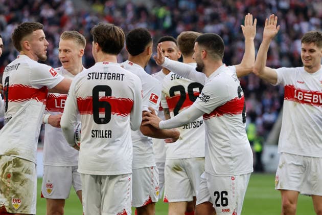 Goal celebration VfB Stuttgart at 3 0 by Jamie Leweling VfB Stuttgart, 18 , Germany, Soccer, 1 Bundesliga, 24 Matchday, 2025 2026, VfB Stuttgart vs VfL Wolfsburg, 01 03 2026, Stuttgart MHP Arena Germany Copyright: xGrantxHubbsx