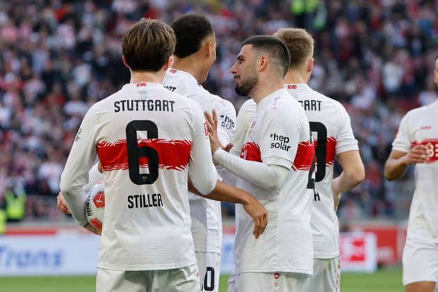 Goal celebration VfB Stuttgart at 3 0 by Jamie Leweling VfB Stuttgart, 18 , Germany, Soccer, 1 Bundesliga, 24 Matchday, 2025 2026, VfB Stuttgart vs VfL Wolfsburg, 01 03 2026, Stuttgart MHP Arena Germany Copyright: xGrantxHubbsx
