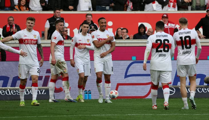 01 03 26 VfB Stuttgart VfL Wolfsburg Germany, Stuttgart, 01 03 2026, Football, Bundesliga, Season 2025 2026, VfB Stuttgart VfL Wolfsburg Jamie Leweling VfB Stuttgart Jubel Tor 3 0 Leweling