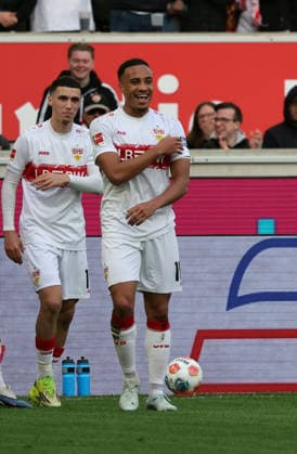 01 03 26 VfB Stuttgart VfL Wolfsburg Germany, Stuttgart, 01 03 2026, Football, Bundesliga, Season 2025 2026, VfB Stuttgart VfL Wolfsburg Jamie Leweling VfB Stuttgart Jubel Tor 3 0 Leweling