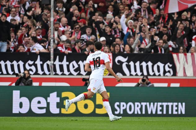 GOAL for 3 0 Jamie Leweling VfB Stuttgart 18 Goal celebration in the background Perimeter advertising Logo bet365 SPORT BETS VfB Stuttgart vs VfL Wolfsburg WOB 01 03 2026 DFL REGULATIONS PROHIBIT ANY USE OF PHOTOGRAPHS AS IMAGE SEQUENCES AND OR QUASI VIDEO VfB Stuttgart vs VfL Wolfsburg WOB