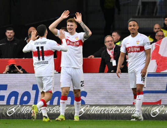 GOAL for 3 0 Jamie Leweling VfB Stuttgart 18 Goal celebration Finn Jeltsch VfB Stuttgart 29 Bilal El Khannouss VfB Stuttgart 11 VfB Stuttgart vs VfL Wolfsburg WOB 01 03 2026 DFL REGULATIONS PROHIBIT ANY USE OF PHOTOGRAPHS AS IMAGE SEQUENCES AND OR QUASI VIDEO VfB Stuttgart vs VfL Wolfsburg WOB