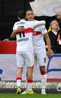 GOAL for 3 0 Jamie Leweling VfB Stuttgart 18 Goal celebration Bilal El Khannouss VfB Stuttgart 11 VfB Stuttgart vs VfL Wolfsburg WOB 01 03 2026 DFL REGULATIONS PROHIBIT ANY USE OF PHOTOGRAPHS AS IMAGE SEQUENCES AND OR QUASI VIDEO VfB Stuttgart vs VfL Wolfsburg WOB