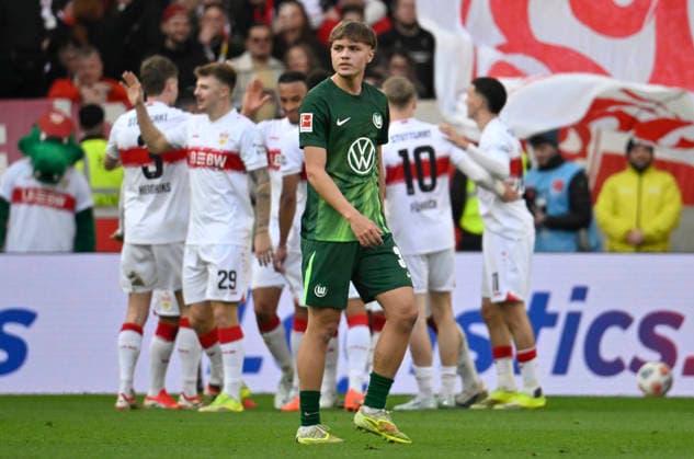 GOAL for 3 0 Jamie Leweling VfB Stuttgart 18 Goal celebration Pharell Hensel VfL Wolfsburg 37 disappointed VfB Stuttgart vs VfL Wolfsburg WOB 01 03 2026 DFL REGULATIONS PROHIBIT ANY USE OF PHOTOGRAPHS AS IMAGE SEQUENCES AND OR QUASI VIDEO VfB Stuttgart vs VfL Wolfsburg WOB