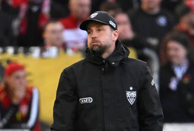 Coach Sebastian Hoeness VfB Stuttgart on the sidelines Gestures Gesture Relieves big cheeks Breathes through VfB Stuttgart vs VfL Wolfsburg WOB 01 03 2026 DFL REGULATIONS PROHIBIT ANY USE OF PHOTOGRAPHS AS IMAGE SEQUENCES AND OR QUASI VIDEO VfB Stuttgart vs VfL Wolfsburg WOB