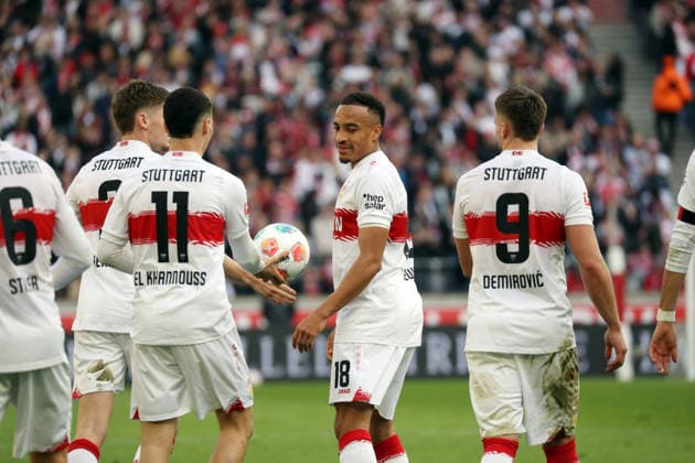 01 03 26 VfB Stuttgart VfL Wolfsburg Germany, Stuttgart, 01 03 2026, Football, Bundesliga, Season 2025 2026, VfB Stuttgart VfL Wolfsburg Jamie Leweling VfB Stuttgart Jubel Tor 3 0 Leweling