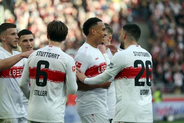 01 03 26 VfB Stuttgart VfL Wolfsburg Germany, Stuttgart, 01 03 2026, Football, Bundesliga, Season 2025 2026, VfB Stuttgart VfL Wolfsburg Jamie Leweling VfB Stuttgart Jubel Tor 3 0 Leweling
