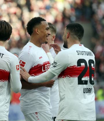 01 03 26 VfB Stuttgart VfL Wolfsburg Germany, Stuttgart, 01 03 2026, Football, Bundesliga, Season 2025 2026, VfB Stuttgart VfL Wolfsburg Jamie Leweling VfB Stuttgart Jubel Tor 3 0 Leweling