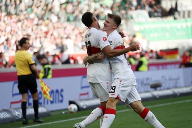 01 03 26 VfB Stuttgart VfL Wolfsburg Germany, Stuttgart, 01 03 2026, Football, Bundesliga, Season 2025 2026, VfB Stuttgart VfL Wolfsburg Jamie Leweling VfB Stuttgart Jubel Tor 3 0 Leweling