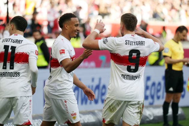 01 03 26 VfB Stuttgart VfL Wolfsburg Germany, Stuttgart, 01 03 2026, Football, Bundesliga, Season 2025 2026, VfB Stuttgart VfL Wolfsburg Jamie Leweling VfB Stuttgart Jubel Tor 3 0 Leweling