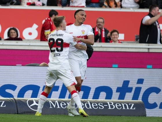 Goal to 3 0 by Jamie Leweling VfB Stuttgart 18 , Cheers, Goal celebration, Celebrates his goal with Finn Jeltsch VfB Stuttgart 29 GER, VfB Stuttgart vs VfL Wolfsburg, Football, Men, 1 Bundesliga, Matchday 24, Season 2025 2026, 01 03 2026, DFL DFB REGULATES PROHIBIT ANY USE OF PHOTOGRAPHS AS IMAGE SEQUENCES AND OR QUASI VIDEO, GER, VfB Stuttgart vs VfL Wolfsburg, Football, Men, 1 Bundesliga, Matchday 24, Season 2025 2026, 01 03 2026 Stuttgart Copyright: xEibner-Pressefoto WolfgangxFrankx EP_WFK