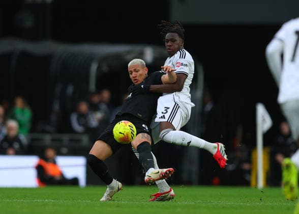 1st March 2026; Craven Cottage, Fulham, London, England; Premier League Football, Fulham versus Tottenham Hotspur; Richarlison of Tottenham Hotspur under pressure from Calvin Bassey of Fulham  JPxFletcher Content restricted for UK based newspaper