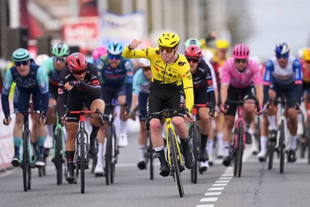 Great Britain s Matthew Brennan of Team Visma-Lease a Bike crosses the finish line to win the 78th edition of the men elite race of the Kuurne-Brussels-Kuurne one day cycling race, 195 km from Kuurne to Kuurne via Brussels, Sunday 01 March 2026. DAVIDxPINTENS  x166105945x