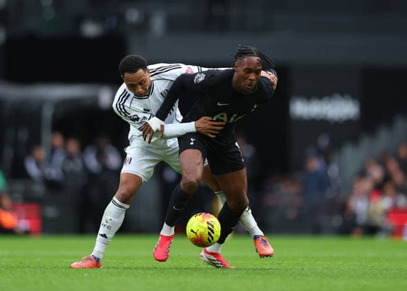 1st March 2026; Craven Cottage, Fulham, London, England; Premier League Football, Fulham versus Tottenham Hotspur; Mathys Tel of Tottenham Hotspur under pressure from Kenny Tete of Fulham  JPxFletcher Content restricted for UK based newspaper