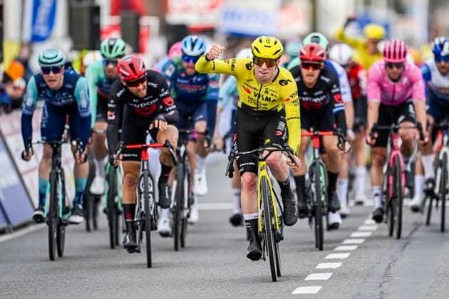 Kuurne Brussel Kuurne 2026 Cycling Race KUURNE, BELGIUM - MARCH 01 : Brennan Matthew (GBR) of Team Visma Lease a Bike celebrating his victory during the 78th edition of Kuurne Brussel Kuurne an UCI ProSeries 1.Pro one day cycling road race for Men Elite of 194 km with start in Kortrijk and finish in Kuurne on March 1, 2026 in Kuurne, Belgium, 01 03 2026 ( Motordriver Kenny Verfaillie - Kuurne Belgium  Copyright: xNicoxVereeckenx
