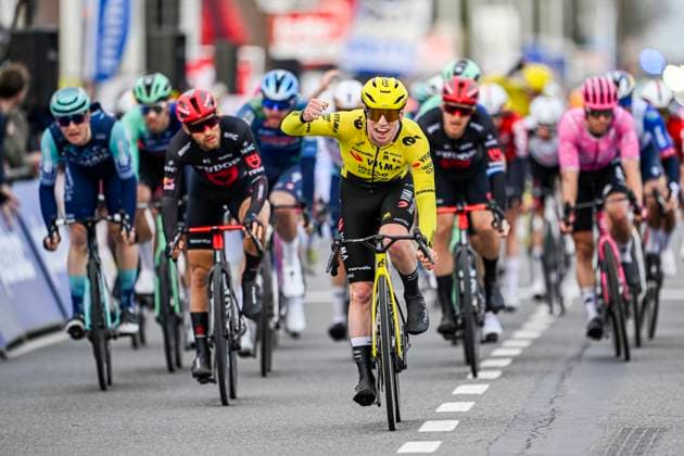 Kuurne Brussel Kuurne 2026 Cycling Race KUURNE, BELGIUM - MARCH 01 : Brennan Matthew (GBR) of Team Visma Lease a Bike celebrating his victory during the 78th edition of Kuurne Brussel Kuurne an UCI ProSeries 1.Pro one day cycling road race for Men Elite of 194 km with start in Kortrijk and finish in Kuurne on March 1, 2026 in Kuurne, Belgium, 01 03 2026 ( Motordriver Kenny Verfaillie - Kuurne Belgium  Copyright: xNicoxVereeckenx