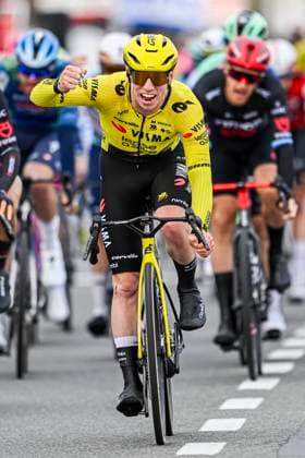 Kuurne Brussel Kuurne 2026 Cycling Race KUURNE, BELGIUM - MARCH 01 : Brennan Matthew (GBR) of Team Visma Lease a Bike celebrating his victory during the 78th edition of Kuurne Brussel Kuurne an UCI ProSeries 1.Pro one day cycling road race for Men Elite of 194 km with start in Kortrijk and finish in Kuurne on March 1, 2026 in Kuurne, Belgium, 01 03 2026 ( Motordriver Kenny Verfaillie - Kuurne Belgium  Copyright: xNicoxVereeckenx