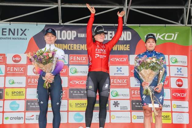 Fenix - Ekoï Omloop van het Hageland AARSCHOT TIELT - WINGE, Belgium 01 03 2026 Kool Charlotte (NED) of Fenix-Premier Tech; Gillespie Lara (IRL) of UAE Team ADQ, Bossuyt Shari (BEL) of AG Insurance - Soudal Team on the podium Pictured during the Fenix - Ekoï Omloop van het Hageland on 01 March 2026 ( Picture by Gianni Barbieux Photo News ). Gent Belgium  Copyright: xGiannixBarbieuxx