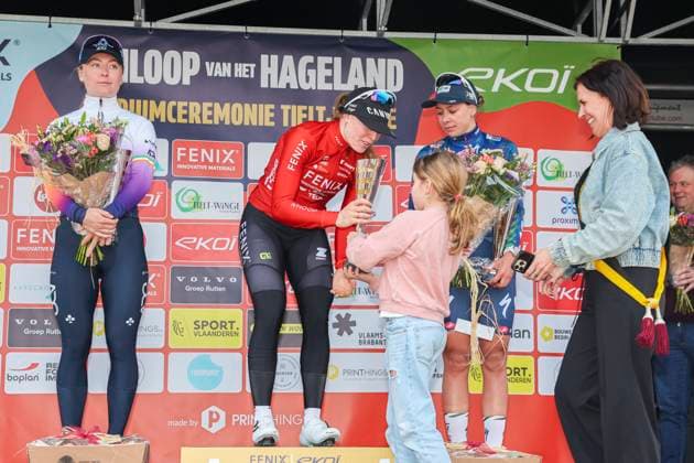 Fenix - Ekoï Omloop van het Hageland AARSCHOT TIELT - WINGE, Belgium 01 03 2026 Kool Charlotte (NED) of Fenix-Premier Tech; Gillespie Lara (IRL) of UAE Team ADQ, Bossuyt Shari (BEL) of AG Insurance - Soudal Team on the podium Pictured during the Fenix - Ekoï Omloop van het Hageland on 01 March 2026 ( Picture by Gianni Barbieux Photo News ). Gent Belgium  Copyright: xGiannixBarbieuxx