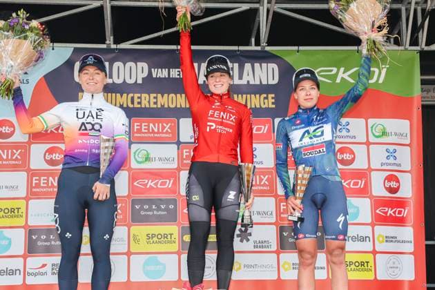 Fenix - Ekoï Omloop van het Hageland AARSCHOT TIELT - WINGE, Belgium 01 03 2026 Kool Charlotte (NED) of Fenix-Premier Tech; Gillespie Lara (IRL) of UAE Team ADQ, Bossuyt Shari (BEL) of AG Insurance - Soudal Team on the podium Pictured during the Fenix - Ekoï Omloop van het Hageland on 01 March 2026 ( Picture by Gianni Barbieux Photo News ). Gent Belgium  Copyright: xGiannixBarbieuxx