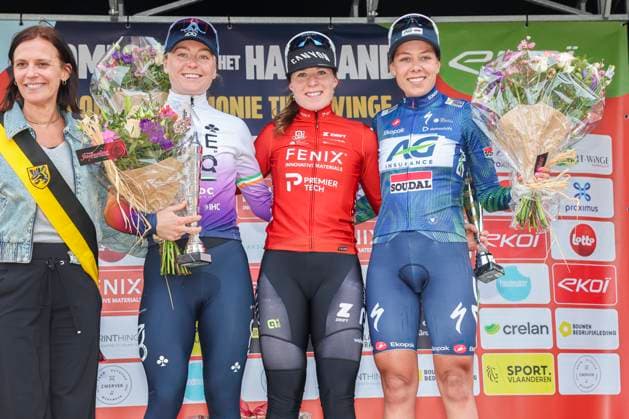 Fenix - Ekoï Omloop van het Hageland AARSCHOT TIELT - WINGE, Belgium 01 03 2026 Kool Charlotte (NED) of Fenix-Premier Tech; Gillespie Lara (IRL) of UAE Team ADQ, Bossuyt Shari (BEL) of AG Insurance - Soudal Team on the podium Pictured during the Fenix - Ekoï Omloop van het Hageland on 01 March 2026 ( Picture by Gianni Barbieux Photo News ). Gent Belgium  Copyright: xGiannixBarbieuxx