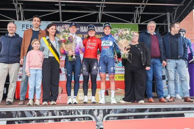Fenix - Ekoï Omloop van het Hageland AARSCHOT TIELT - WINGE, Belgium 01 03 2026 Kool Charlotte (NED) of Fenix-Premier Tech; Gillespie Lara (IRL) of UAE Team ADQ, Bossuyt Shari (BEL) of AG Insurance - Soudal Team on the podium Pictured during the Fenix - Ekoï Omloop van het Hageland on 01 March 2026 ( Picture by Gianni Barbieux Photo News ). Gent Belgium  Copyright: xGiannixBarbieuxx