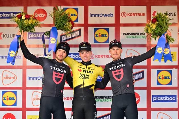 Italy s Luca Mozzato of Tudor Pro Cycling Team, Great Britain s Matthew Brennan of Team Visma-Lease a Bike and Italy s Matteo Trentin of Tudor Pro Cycling Team celebrate on the podium after the 78th edition of the men elite race of the Kuurne-Brussels-Kuurne one day cycling race, 195 km from Kuurne to Kuurne via Brussels, Sunday 01 March 2026. DIRKxWAEM  x166108518x