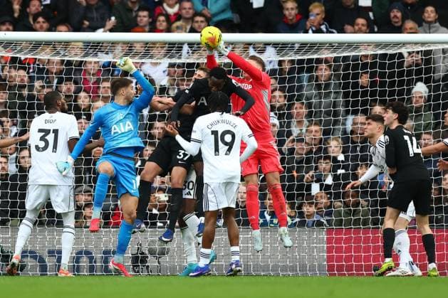 Bernd Leno of Fulham punches clear as Guglielmo Vicario of Tottenham Hotspur goes up for a late corner Fulham v Tottenham Hotspur, Premier League, Football, Craven Cottage, London, UK - 01 Mar 2026London Craven Cottage United Kingdom EDITORIAL USE ONLY No use with unauthorised audio, video, data, fixture lists, club league logos or live services. Online in-match use limited to 120 images, no video emulation. No use in betting, games or single club league player publications.  Copyright: xSimonxDael Shutterstockx 16708827dh