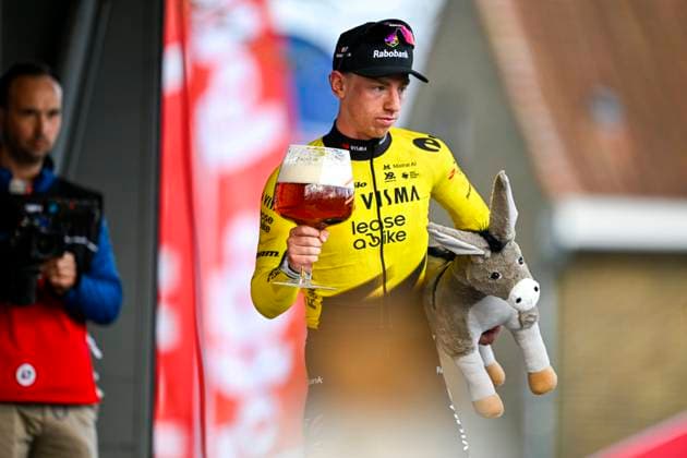 Kuurne Brussel Kuurne 2026 Cycling Race KUURNE, BELGIUM - MARCH 01 : Brennan Matthew (GBR) of Team Visma Lease a Bike on the podium during the 78th edition of Kuurne Brussel Kuurne an UCI ProSeries 1.Pro one day cycling road race for Men Elite of 194 km with start in Kortrijk and finish in Kuurne on March 1, 2026 in Kuurne, Belgium, 01 03 2026 ( Motordriver Kenny Verfaillie - Kuurne Belgium  Copyright: xNicoxVereeckenx