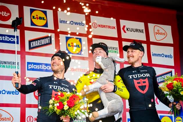 Kuurne Brussel Kuurne 2026 Cycling Race KUURNE, BELGIUM - MARCH 01 : Brennan Matthew (GBR) of Team Visma Lease a Bike, Trentin Matteo (ITA) of Tudor Pro Cycling Team and Mozzato Luca (ITA) of Tudor Pro Cycling Team on the podium during the 78th edition of Kuurne Brussel Kuurne an UCI ProSeries 1.Pro one day cycling road race for Men Elite of 194km with start in Kortrijk and finish in Kuurne on March 1, 2026 in Kuurne, Belgium, 01 03 2026 ( Motordriver Kenny Verfaillie - Kuurne Belgium  Copyright: xTomasxSiskx