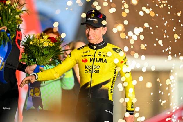 Kuurne Brussel Kuurne 2026 Cycling Race KUURNE, BELGIUM - MARCH 01 : Brennan Matthew (GBR) of Team Visma Lease a Bike on the podium during the 78th edition of Kuurne Brussel Kuurne an UCI ProSeries 1.Pro one day cycling road race for Men Elite of 194 km with start in Kortrijk and finish in Kuurne on March 1, 2026 in Kuurne, Belgium, 01 03 2026 ( Motordriver Kenny Verfaillie - Kuurne Belgium  Copyright: xNicoxVereeckenx