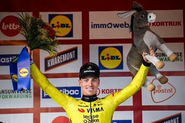 Kuurne Brussel Kuurne 2026 Cycling Race KUURNE, BELGIUM - MARCH 01 : Brennan Matthew (GBR) of Team Visma Lease a Bike on the podium during the 78th edition of Kuurne Brussel Kuurne an UCI ProSeries 1.Pro one day cycling road race for Men Elite of 194km with start in Kortrijk and finish in Kuurne on March 1, 2026 in Kuurne, Belgium, 01 03 2026 ( Motordriver Kenny Verfaillie - Kuurne Belgium  Copyright: xTomasxSiskx